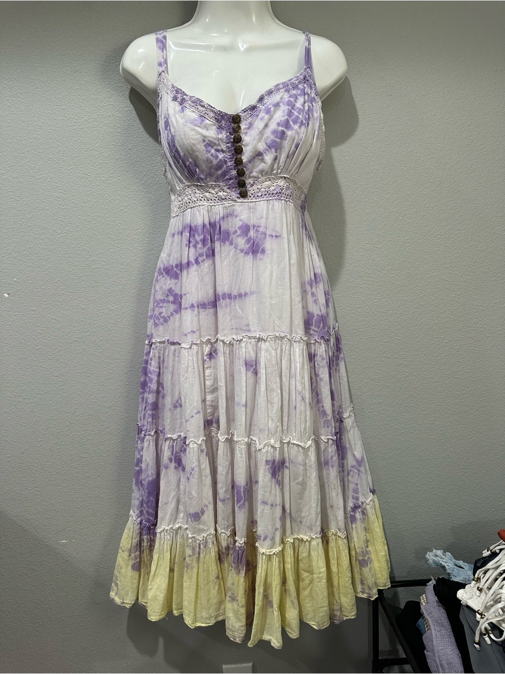 Lavender Tie-Dye Maxi Dress with Yellow Hem and Button Front